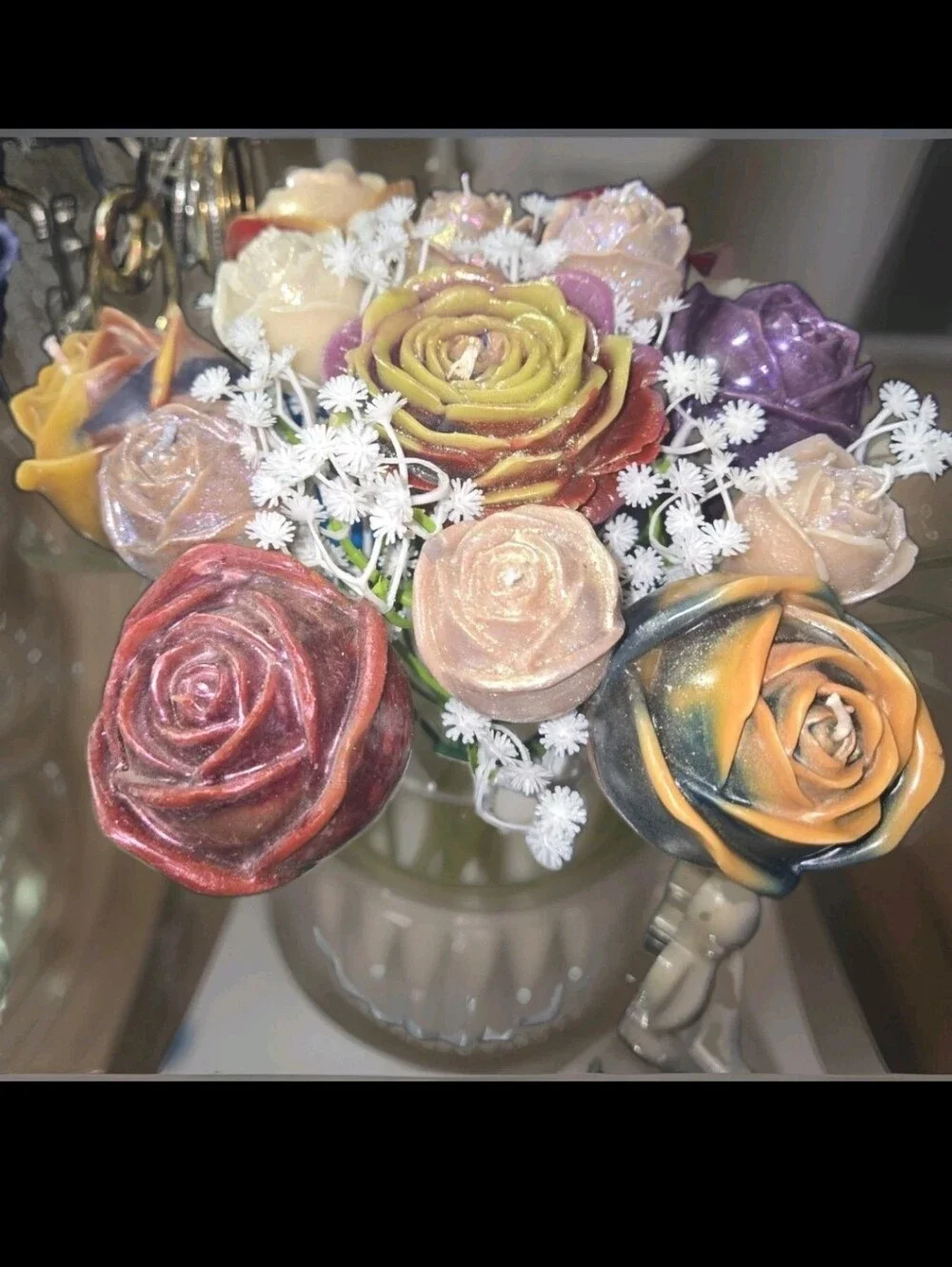 Stunning Realistic 16 Wax Rose Candles + Bonus Butterfly Bouquet Awesome Gift